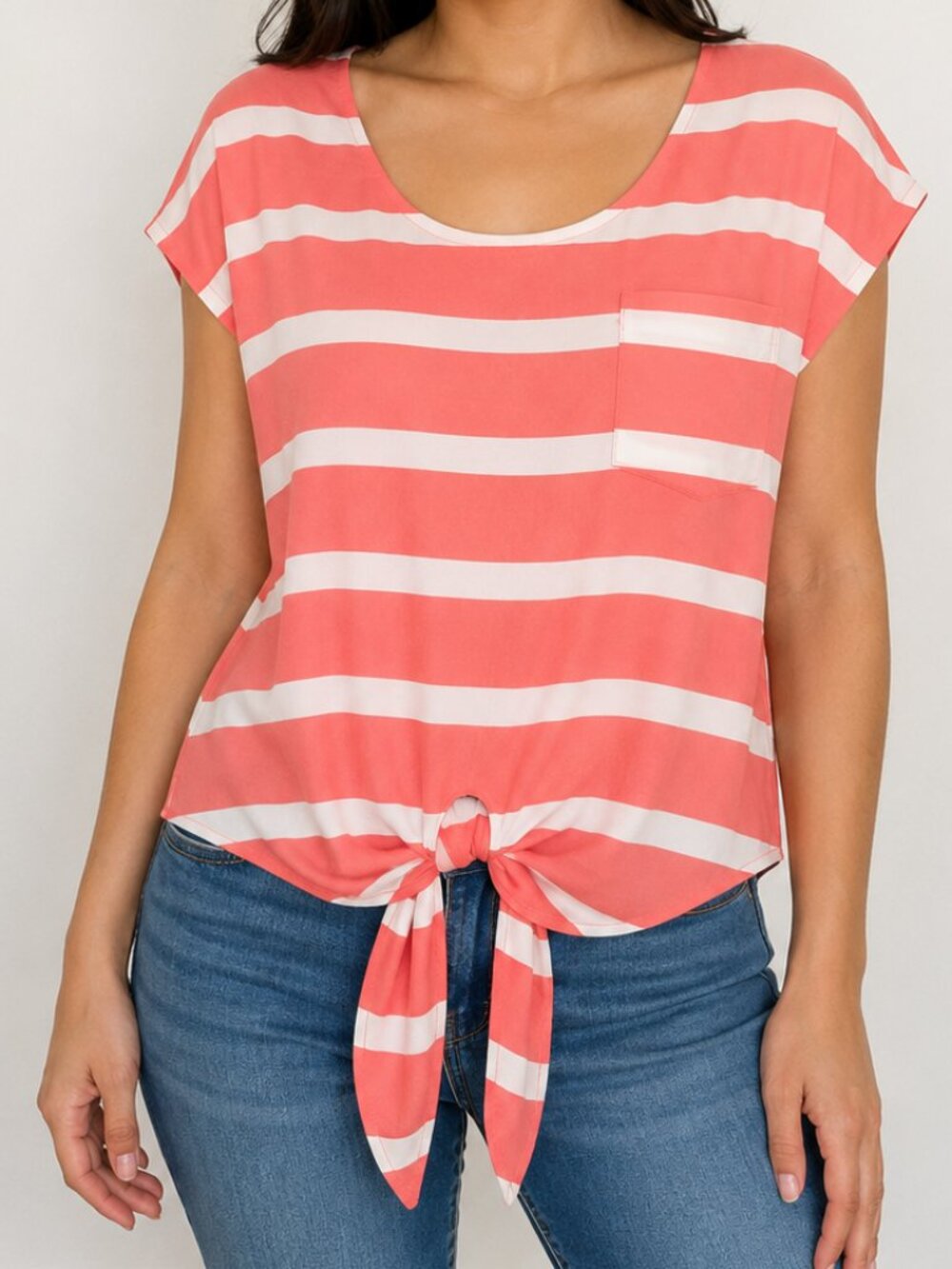 Timing Coral & White Striped Tie-Front Blouse Top Size L